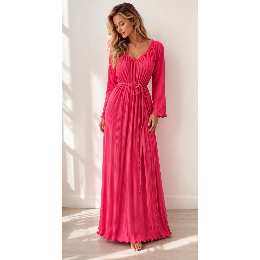 VTG Pink Maxi Dress Boho Goddess Lounge M Nightgown Pleated Romantic QQ15